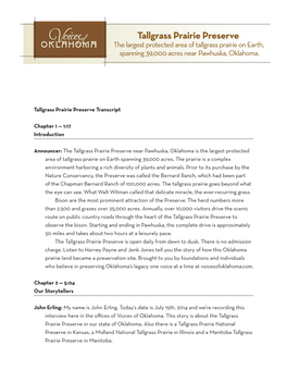 Tallgrass Prairie Preserve the Largest Protected Area of Tallgrass Prairie on Earth, Spanning 39,000 Acres Near Pawhuska, Oklahoma