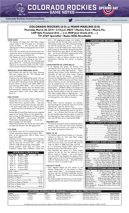 COLORADO ROCKIES (0-0) at MIAMI MARLINS (0-0) Thursday, March 28, 2019 • 2:10 P.M