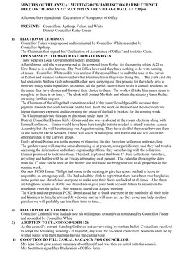 WHATLINGTON PARISH COUNCIL HELD on THURSDAY 21St MAY 2015 in the VILLAGE HALL at 7.30Pm