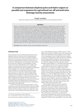 A Comparison Between Daphnia Pulex and Hydra Vulgaris As Possible Test Organisms for Agricultural Run-Off and Acid Mine Drainage Toxicity Assessments