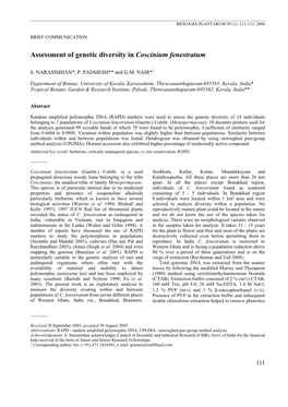 Assessment of Genetic Diversity in Coscinium Fenestratum