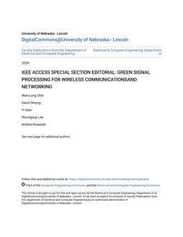 Ieee Access Special Section Editorial: Green Signal Processing for Wireless Communicationsand Networking