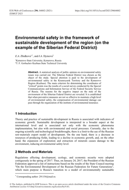Environmental Safety in the Framework of Sustainable Development of the Region (On the Example of the Siberian Federal District)