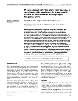 Thermoanaerobacter Tengcongensis Sp. Nov., a Novel Anaerobic, Saccharolytic, Thermophilic Bacterium Isolated from a Hot Spring in Tengcong, China