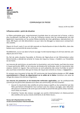 COMMUNIQUE DE PRESSE Influenza Aviaire : Point De Situation