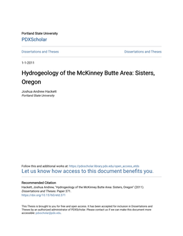 Hydrogeology of the Mckinney Butte Area: Sisters, Oregon