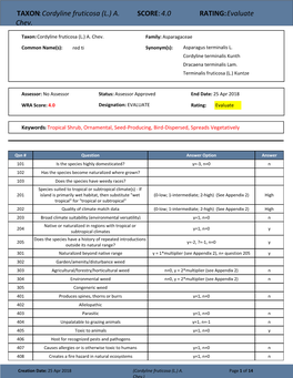 TAXON:Cordyline Fruticosa (L.) A. Chev. SCORE:4.0 RATING:Evaluate