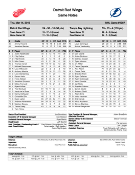 Detroit Red Wings Game Notes