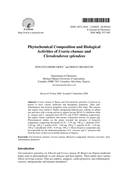 Phytochemical Composition and Biological Activities of Uvaria Chamae and Clerodendoron Splendens