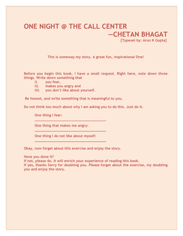 ONE NIGHT @ the CALL CENTER —CHETAN BHAGAT [Typeset By: Arun K Gupta]