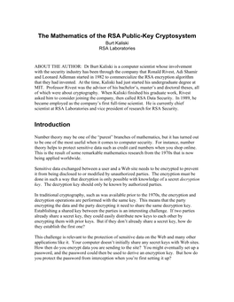 The Mathematics of the RSA Public-Key Cryptosystem Burt Kaliski RSA Laboratories