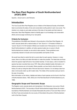 The Rare Plant Register of South Northumberland (VC67) 2010 Quentin J