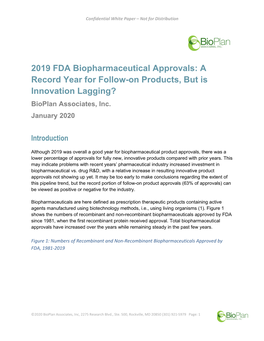 2019 FDA Biopharmaceutical Approvals: a Record Year for Follow-On Products, but Is Innovation Lagging? Bioplan Associates, Inc