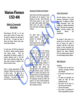 School Improvement Marion-Florence USD 408 Has Approximately 500 Students Who Are Educated in Three USD 408 Maintains a Focus on the Buildings at Two Sites