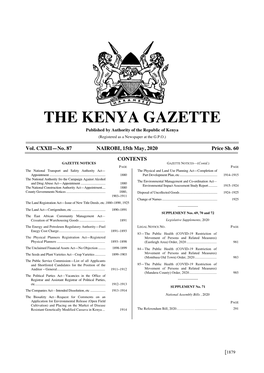 THE KENYA GAZETTE Published by Authority of the Republic of Kenya (Registered As a Newspaper at the G.P.O.)