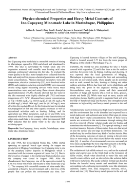 Physico-Chemical Properties and Heavy Metal Contents of Ino-Capayang Mine-Made Lake in Marinduque, Philippines