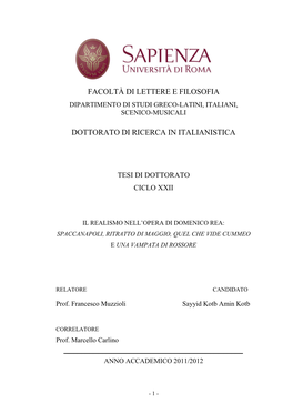 Facoltà Di Lettere E Filosofia Dipartimento Di Studi Greco-Latini, Italiani, Scenico-Musicali