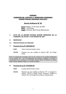 1 AGENDA COMISIÓN DE JUSTICIA Y DERECHOS HUMANOS Sesión