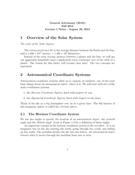 1 Overview of the Solar System 2 Astronomical Coordinate Systems