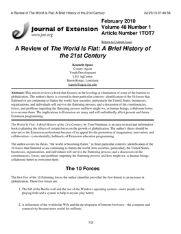 A Review of the World Is Flat: a Brief History of the 21St Century 02/25/10 07:46:58 February 2010 Volume 48 Number 1 Article Number 1TOT7