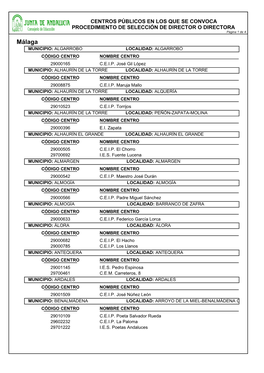Málaga MUNICIPIO: ALGARROBO LOCALIDAD: ALGARROBO CÓDIGO CENTRO NOMBRE CENTRO 29000165 C.E.I.P