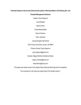Potential Impacts to Snow Crab (Chionoecetes Opilio) in Warming Waters of the Bering Sea and ​ ​ Possible Management Solutions