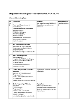 Mögliche Praktikumsplätze Sozialpraktikum 2019 – HGWT