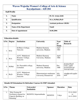 Wavoo Wajeeha Women's College of Arts & Science Kayalpatnam – 628