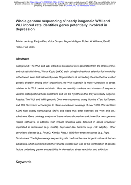 Whole Genome Sequencing of Nearly Isogeneic WMI and WLI Inbred Rats Identifies Genes Potentially Involved in Depression