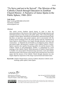 The Mission of the Catholic Church Through Education in Zambian Church History: a Narrative of James Spaita in the Public Sphere, 1960–2014
