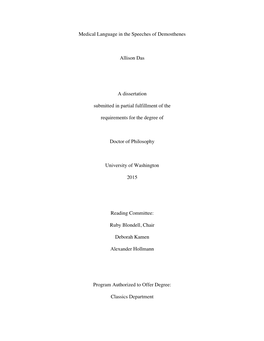 Medical Language in the Speeches of Demosthenes Allison Das a Dissertation Submitted in Partial Fulfillment of the Requirement