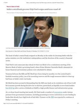 India's Central Bank Governor Urjit Patel Resigns Amid Tense Stand-Off