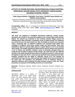 Activity of Mound-Building Macrotermes Bellicosus