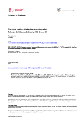 Phenotypic Variation of Larks Along an Aridity Gradient Tieleman, BI; Williams, JB; Buschur, ME; Brown, CR