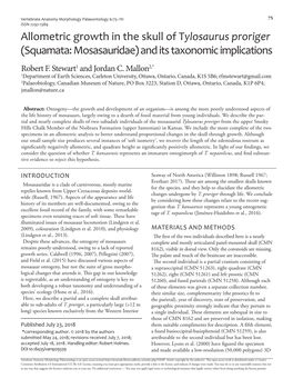 Allometric Growth in the Skull of Tylosaurus Proriger (Squamata: Mosasauridae) and Its Taxonomic Implications Robert F