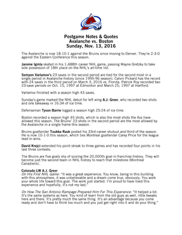 Postgame Notes & Quotes Avalanche Vs. Boston Sunday, Nov. 13