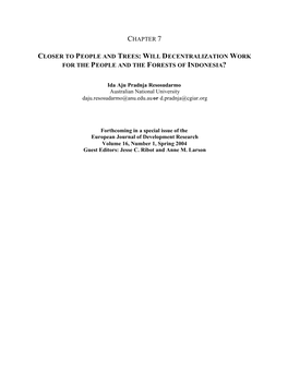 Will Decentralization Work for the People and the Forests of Indonesia?