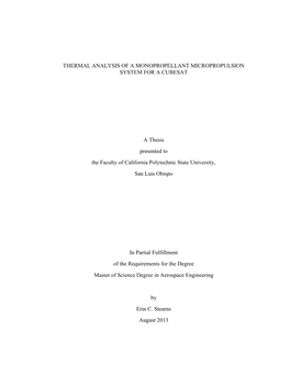 Thermal Analysis of a Monopropellant Micropropulsion System for a Cubesat