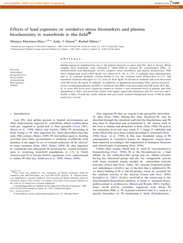 Effects of Lead Exposure on Oxidative Stress Biomarkers and Plasma $ Biochemistry in Waterbirds in the ﬁeld