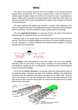 The Wing Is the Principal Structural Unit of the Airplane. It Has Several Functions Beyond That of Providing Lift. for a Wing To