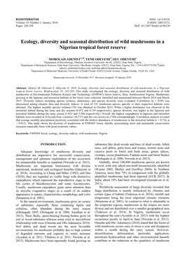 Ecology, Diversity and Seasonal Distribution of Wild Mushrooms in a Nigerian Tropical Forest Reserve