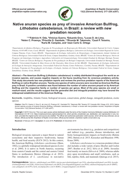 Native Anuran Species As Prey of Invasive American Bullfrog, Lithobates Catesbeianus, in Brazil: a Review with New Predation Records 1,2,*Fabrício H