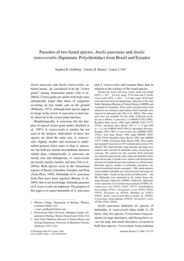 Parasites of Two Lizard Species, Anolis Punctatus and Anolis Transversalis (Squamata: Polychrotidae) from Brazil and Ecuador