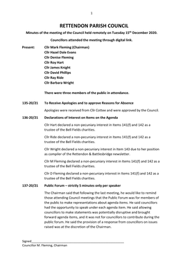 RETTENDON PARISH COUNCIL Minutes of the Meeting of the Council Held Remotely on Tuesday 15Th December 2020