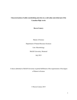 1 Characterization of Sulfur Metabolizing Microbes in a Cold Saline Microbial Mat of the Canadian High Arctic Raven Comery Mast