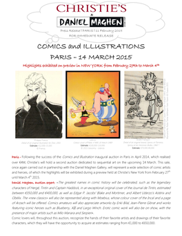 COMICS and ILLUSTRATIONS PARIS – 14 MARCH 2015 Highlights Exhibited on Preview in NEW YORK from February 27Th to March 4Th