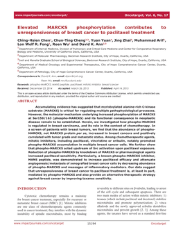 Elevated MARCKS Phosphorylation Contributes to Unresponsiveness of Breast Cancer to Paclitaxel Treatment