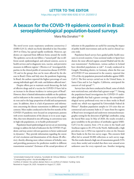 A Beacon for the COVID-19 Epidemic Control in Brasil: Seroepidemiological Population-Based Surveys Maria Rita Donalisio1*