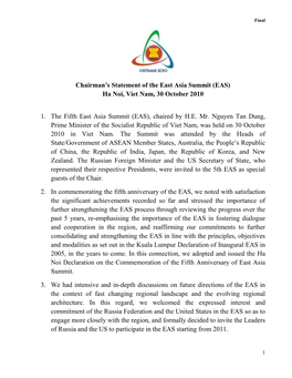 Chairman's Statement of the East Asia Summit (EAS) Ha Noi, Viet Nam