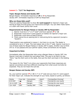 Bergen Raises and Jacoby 2NT Bergen Raises: Immediate Response of 3♣ Or 3♦ by Responder